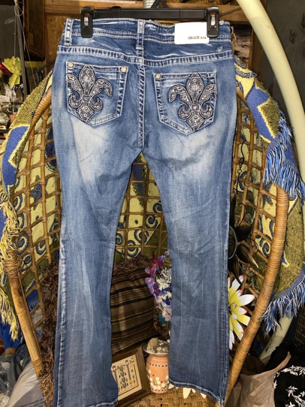 Grace in LA Bootcut Jeans Embroidered Cowgirl Flap Pocket Y2K Bling 27
